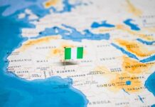 Flag of Nigeria on Africa map Nigeria highlighted
