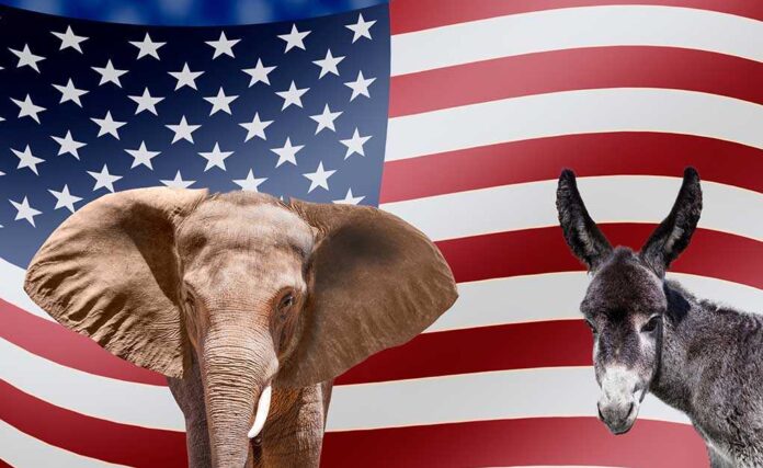 1787632067 featured image Elephant and donkey in front of American flag.