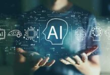 Person holding virtual icons related to artificial intelligence