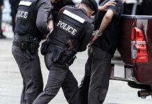 Police officers arresting a handcuffed person