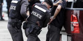 Police officers arresting a handcuffed person