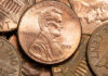 Pile of US pennies closeup view