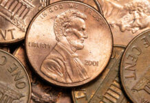 Pile of US pennies closeup view
