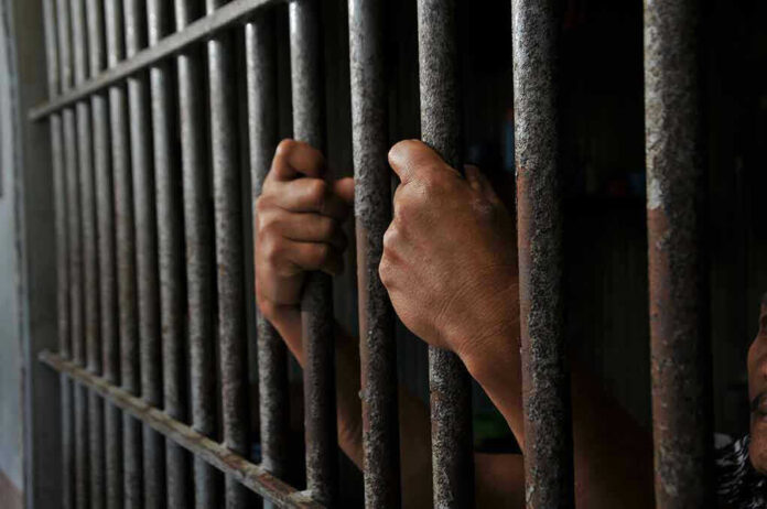 2452368639 Hands gripping jail cell bars
