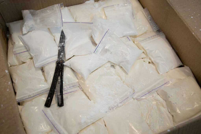 1530825116 Bags of white powder with scissors in cardboard box.