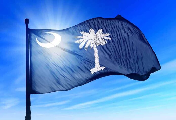 shutterstock_157680278.jpg South Carolina state flag waving against a blue sky
