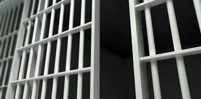 Close-up view of metal prison bars in a dark environment