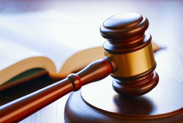 shutterstock_198453305.jpg A wooden gavel resting on a round base with an open law book in the background
