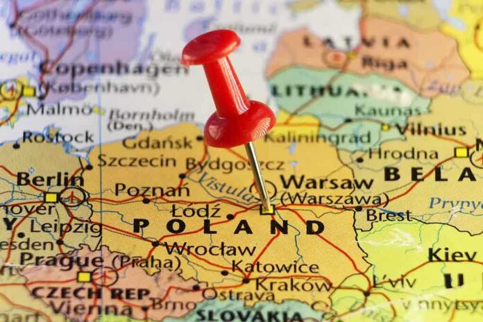 A map of Poland with a red pushpin marking the location
