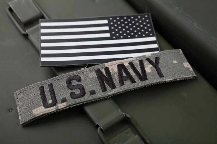 US Navy patch with black and white American flag