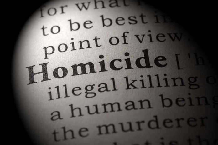 Magnified text showing definition of homicide