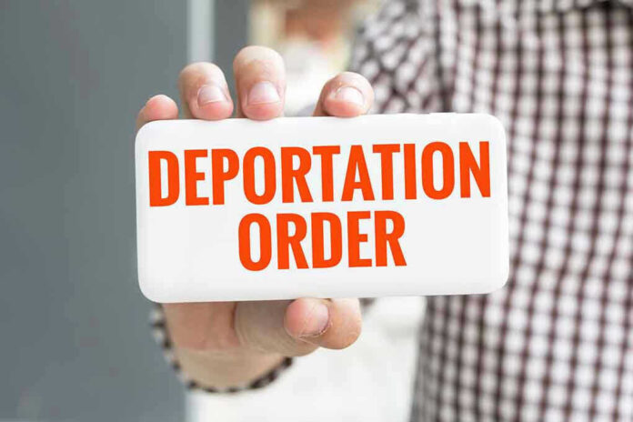 Hand holding sign with Deportation Order text