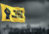 Black Panther Party INVADES Courthouse During Trial! Yellow Black Lives Matter flag with clenched fist.
