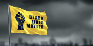 Black Panther Party INVADES Courthouse During Trial! Yellow Black Lives Matter flag with clenched fist.