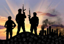 California Man Raised $600K For Terrorists Hamas! Three armed silhouettes near a smoky city skyline.