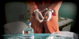 Supreme Court Slams State’s New Execution Method! Vial labeled Sodium Thiopental near handcuffed person.
