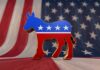 Dem Candidate PULLS Gun In Campaign Office! A donkey symbol representing the Democratic Party in front of an American flag background