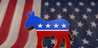Dem Candidate PULLS Gun In Campaign Office! A donkey symbol representing the Democratic Party in front of an American flag background