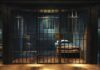Prison cell with metal bars and a single bed