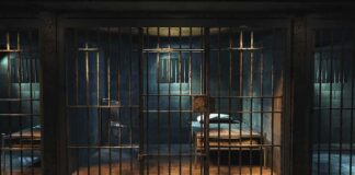 Prison cell with metal bars and a single bed