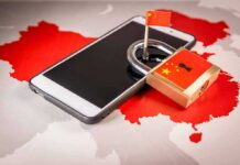 Smartphone with padlock and small flag on map of China
