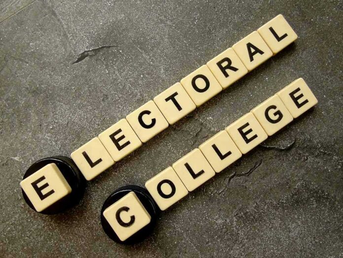 Letter tiles spelling electoral college on a gray surface