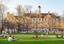 Frat House Horror Rocks University Students relaxing on a campus quad in front of a brick academic building