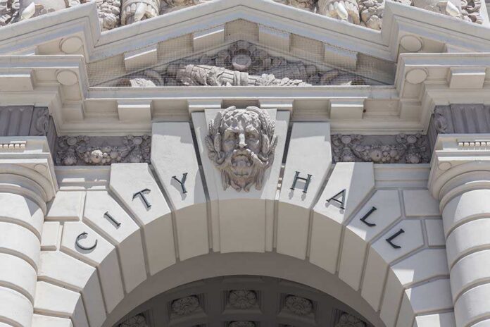 Close-up of the City Hall entrance with ornate architectural details