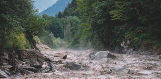 Flooded river gorge with fast muddy water and rocks