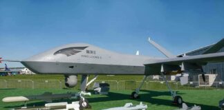 Wing Loong II drone on display with missiles and bombs