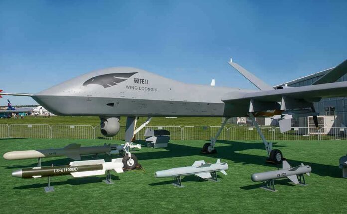 shutterstock_1742992919 Wing Loong II drone on display with missiles and bombs