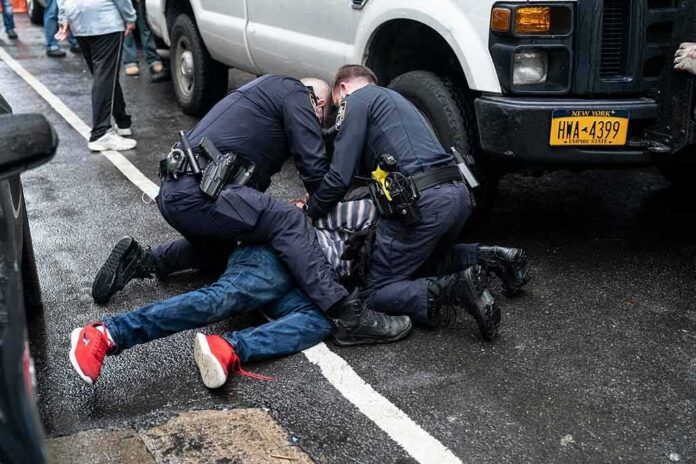 Police officers restraining a person on a wet city street beside a truck