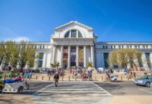 Neoclassical museum building with columns and busy entrance