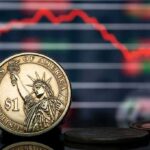 Trump Dollar Coin Drops — Immediately Sells Out! U.S. dollar coin in front of falling stock chart