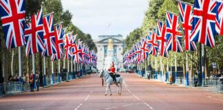 mounted guard on white horse along flag-lined boulevard
