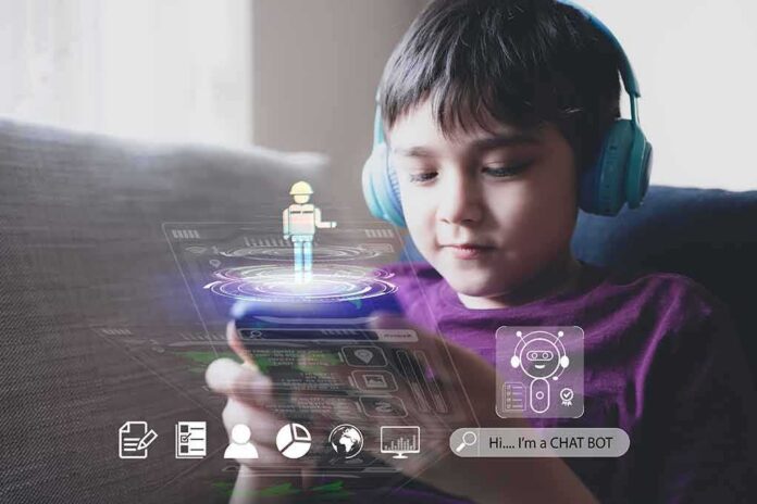 shutterstock_2255671435 Boy with headphones using a smartphone with holographic chatbot icons