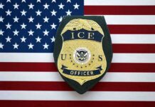 Dem Rep Faces Prison for Touching ICE Officers ICE officer badge on American flag background