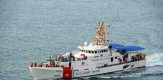 U.S. Coast Guard patrol boat cruising at sea