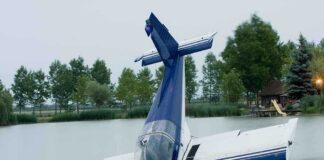 A submerged airplane partially in a lake with trees in the background