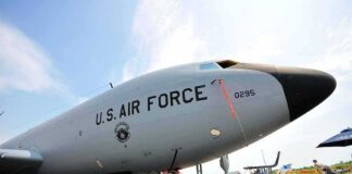 U.S. Air Force tanker aircraft on display at an airfield
