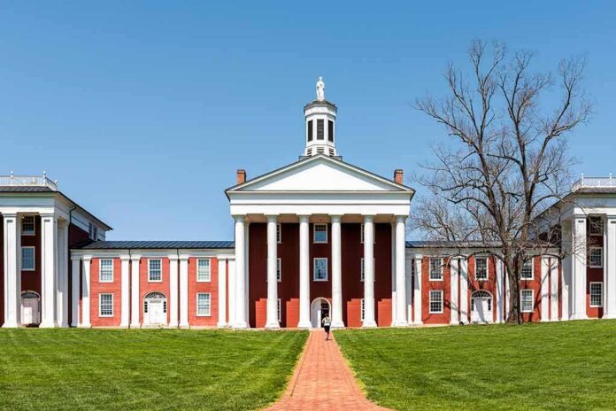 Neoclassical red-brick college building with white columns and cupola