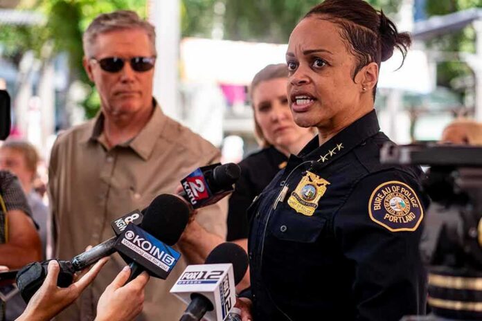 shutterstock_1479719267 Police chief speaking to reporters with microphones