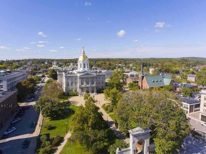 State capitol building with golden dome in a small city