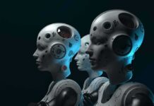 Robot Groper Case Shocks Police row of humanoid robots with mechanical heads in profile