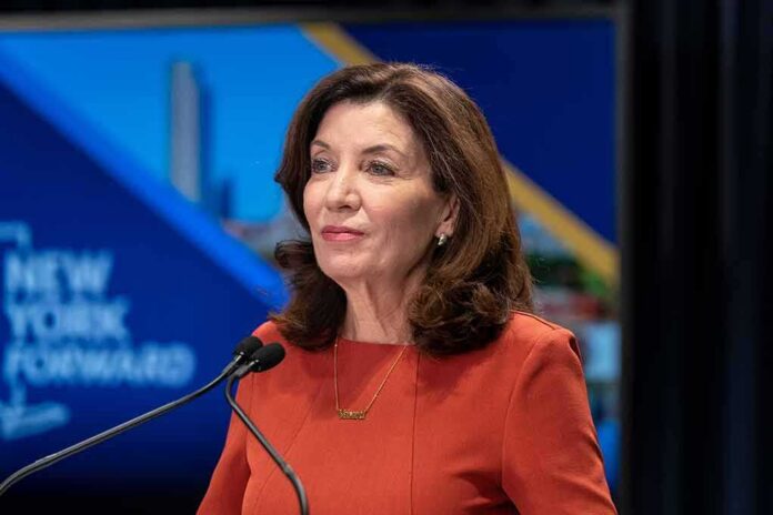Kathy Hochul speaking at a podium with microphones