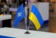 NATO and Ukraine table flags on a small metal stand