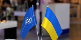 NATO and Ukraine table flags on a small metal stand