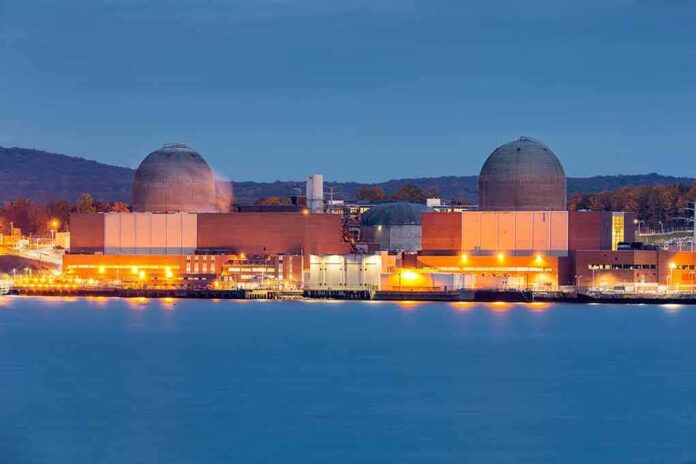 shutterstock_334593377 nuclear power plant with two domed reactor buildings by water at dusk